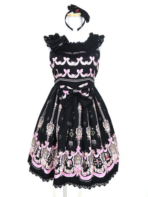 BABY パリの窓柄ジャンパースカート 黒×ピンク