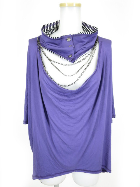 ALGONQUINS レーヨン x ボーダー天竺のチェーン付きケープ風プルオーバー