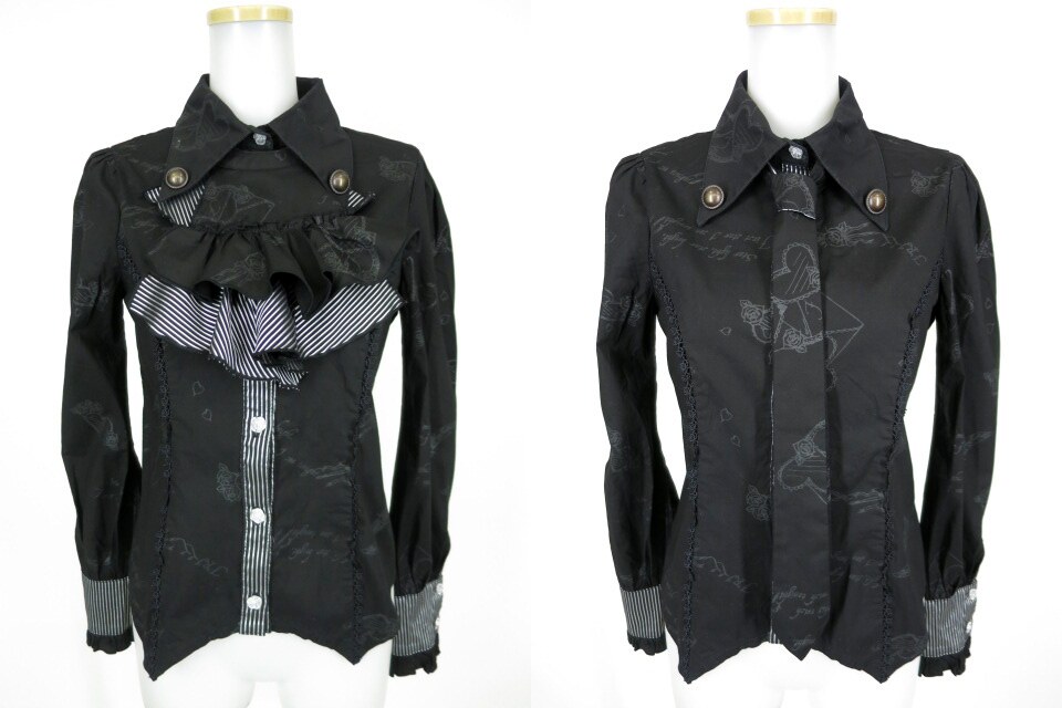 h.NAOTO FRILL ジャボ付きストライプ切替ブラウス