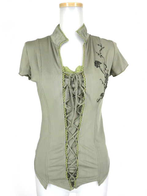 Ozz On 薔薇刺繍編み上げ半袖カットソー