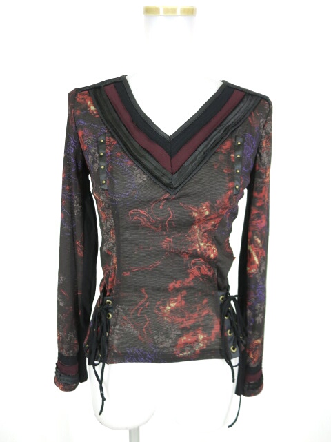 Ozz Croce 総柄メッシュチュール切替Vネック長袖カットソー