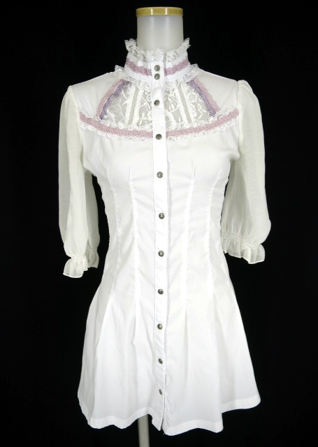 OZZ ONESTE レース&シフォン切替五分袖ブラウス