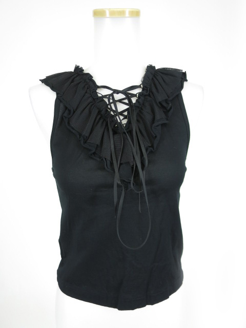 BPN 編み上げ＆フリル付きノースリーブカットソー