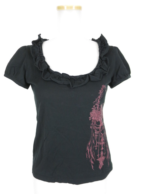 BPN ローズプリント首フリル半袖カットソー