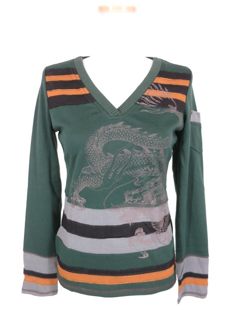 Ozz Croce 龍プリントボーダー切替長袖カットソー