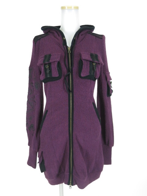 Ozz On 龍刺繍入りフード付きジップアップロング丈ニットブルゾン