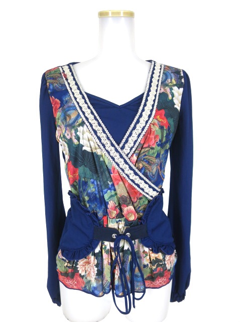 OZZ ONESTE 花柄メッシュチュールレイヤード長袖カットソー