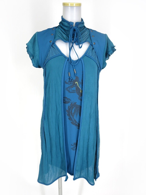 Ozz Croce メッシュ重ね龍プリント半袖チュニックカットソー