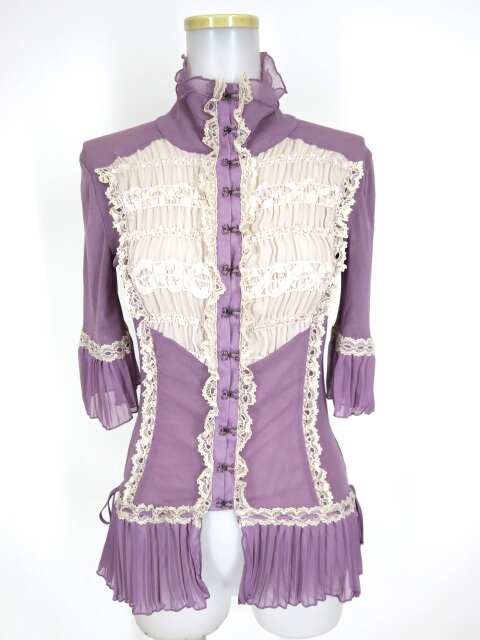 Ozz On 胸ギャザーシフォン切替メッシュチュール五分袖ブラウス