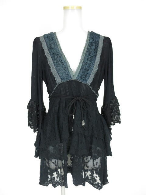 OZZ ANGELO フリルスリーブメッシュチュールチュニックワンピース