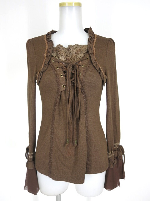 OZZ ANGELO 編み上げ付きフリル袖長袖ニットカットソー