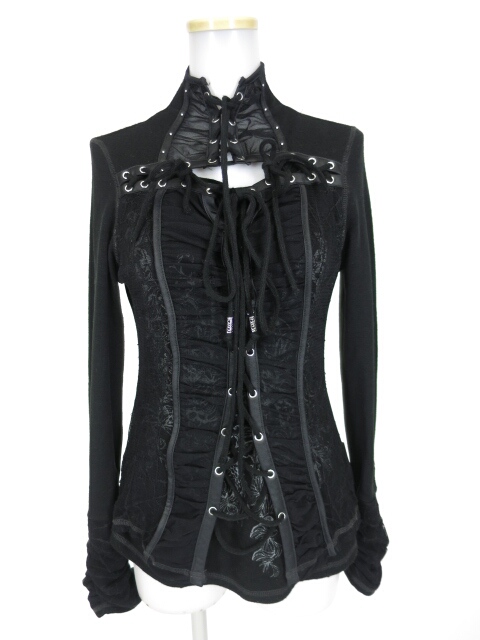 Ozz Croce レース重ね編み上げ付き長袖ニットプルオーバー