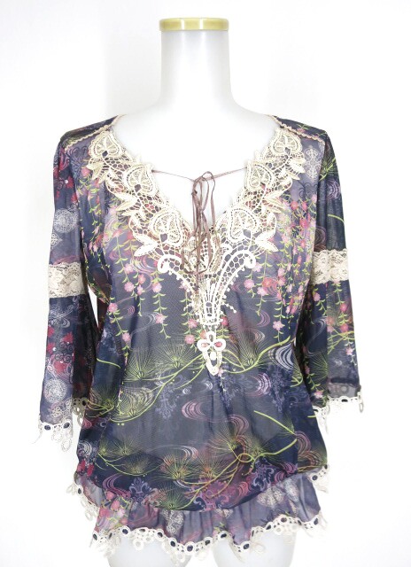 OZZ ONESTE レース付き和柄メッシュチュールカットソー