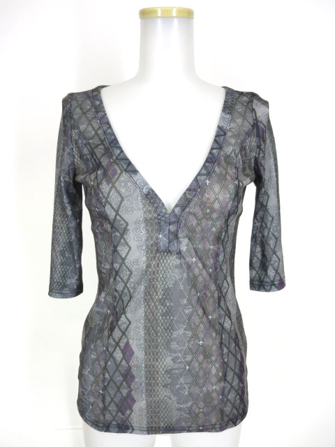 Ozz Croce 総柄Vネックメッシュ五分袖カットソー