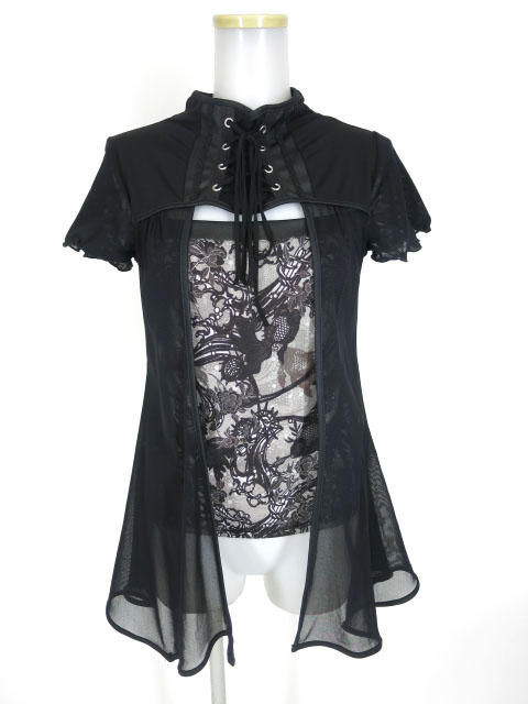 OZZ ONESTE メッシュチュール重ね和柄半袖カットソー