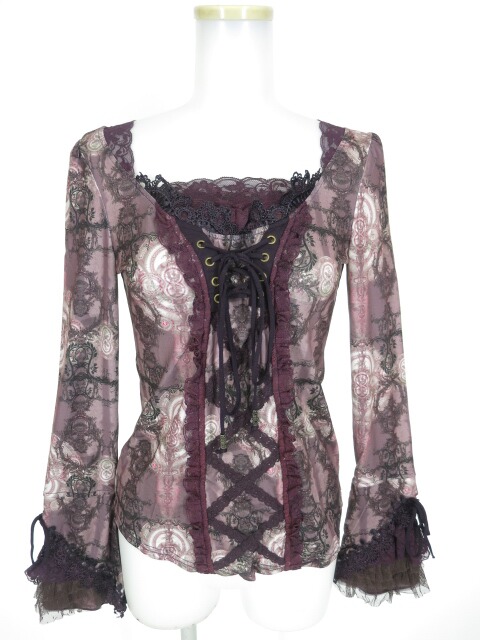 OZZ ANGELO 編み上げ付き総柄長袖カットソー