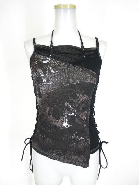 Ozz Croce サイド編み上げ付き和柄メッシュチュールキャミソール