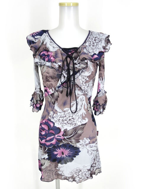 Ozz On 和柄メッシュチュール五分袖ワンピース