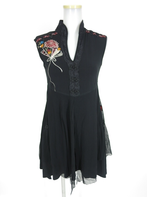 Ozz On メッシュ重ねノースリーブチャイナチュニック