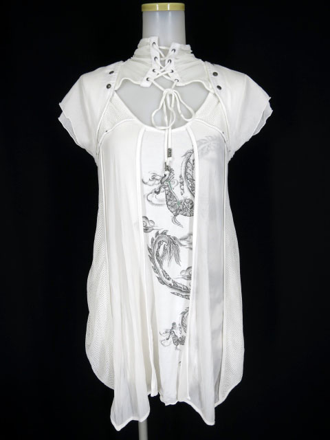 Ozz Croce メッシュ重ね龍プリントノースリーブチュニック