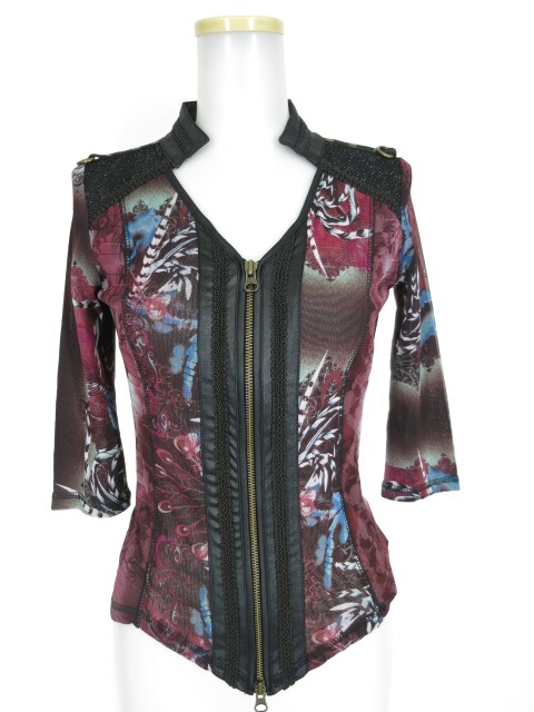 Ozz Croce 孔雀柄 七分袖メッシュジップアップカーディガン