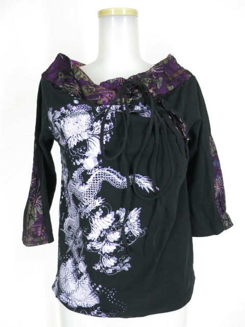 gouk 龍プリント和柄切替七分袖カットソー