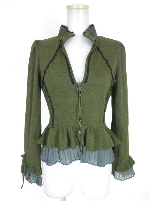 Ozz On シフォンプリーツ付きジップアップニットカーディガン