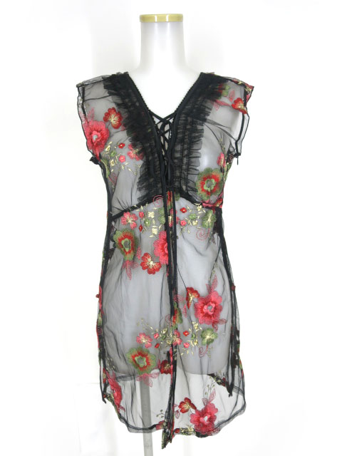 OZZ ON 花柄刺繍入りメッシュワンピース