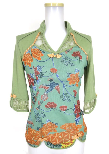 OZZ ONESTE メッシュ重ね和柄七分袖カットソー