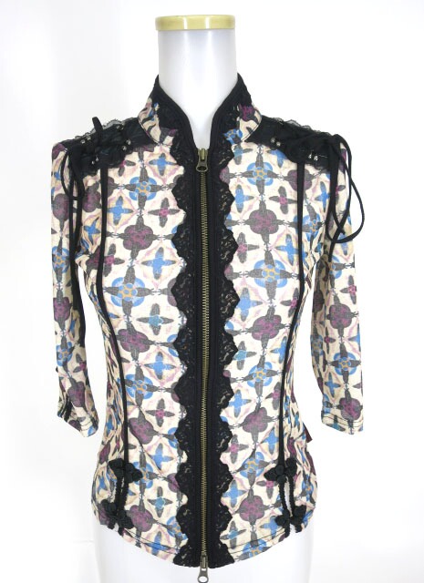 OZZ ONESTE レース付き和柄七分袖ジップカーディガン