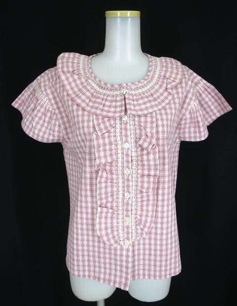 田園詩 ドビーチェック半袖フリルブラウス