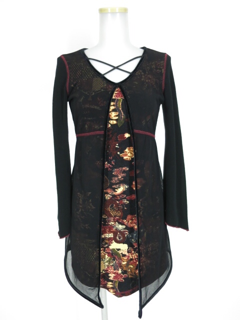 Ozz On メッシュ重ね和柄ニットチュニック