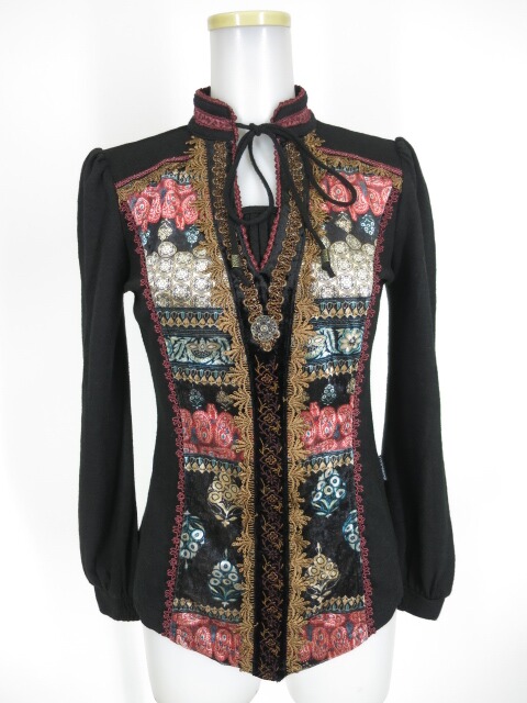 OZZ ONESTE エスニック柄ベロア切替ニットカットソー