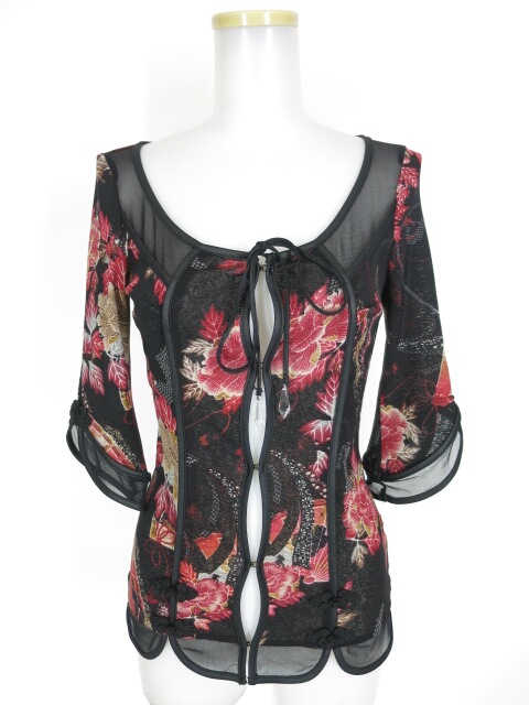 OZZ ONESTE 和柄ジョーゼット七分袖カーディガン