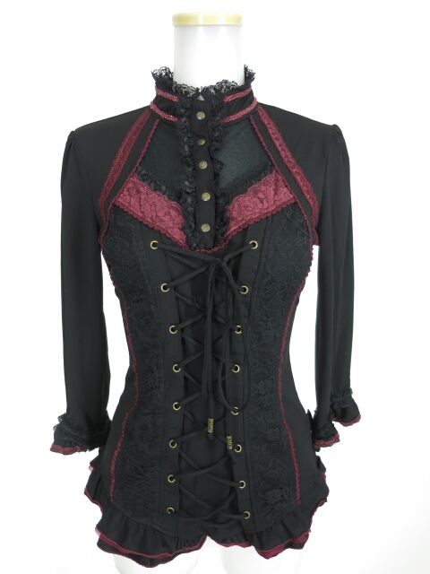 Ozz Croce 編み上げ付きレース重ね七分袖カットソー