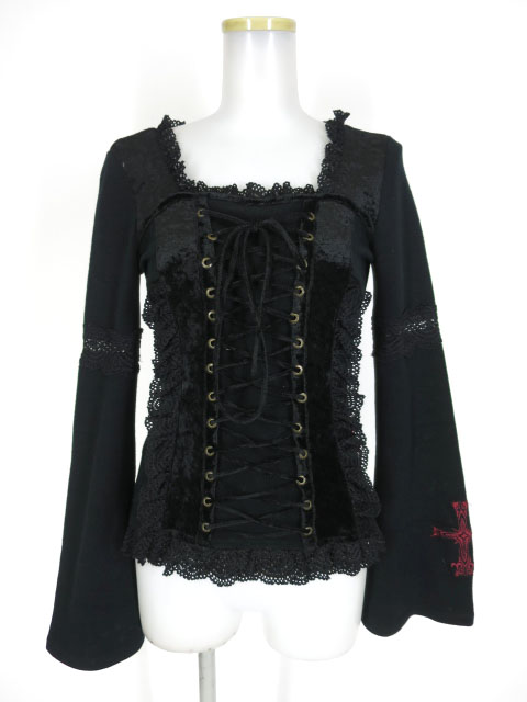 Ozz On hikozoh 編み上げ付きニット×ベロア切替長袖カットソー