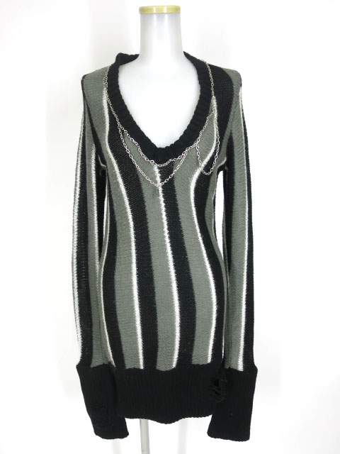 h.ANARCHY チェーン付きストライプ柄ダメージニットセーター