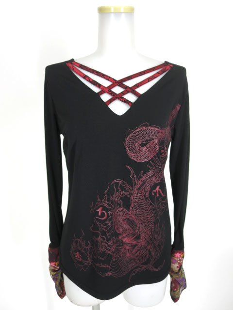 Qutie Frash 龍プリント胸クロス長袖カットソー