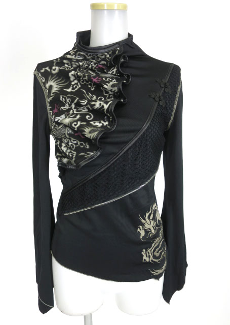 Ozz On 龍刺繍入りアシンメトリー長袖カットソー