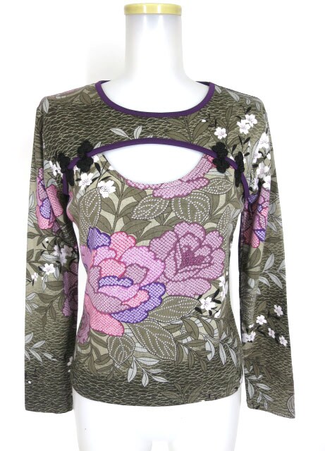 Qutie Frash チャイナボタン付き和柄長袖カットソー