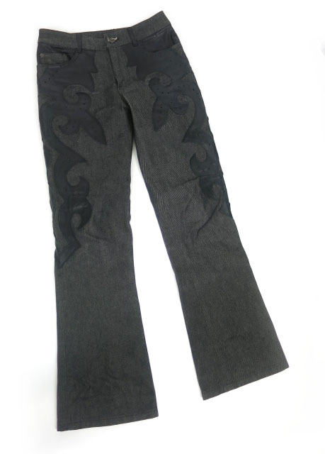 YOSIYUKI KONISHI トライバルレザーデザインデニムパンツ