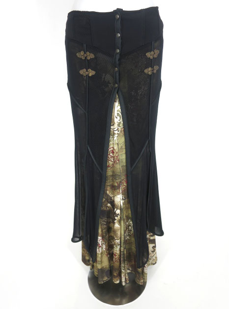 Ozz Croce メッシュ重ね和柄マキシロングスカート