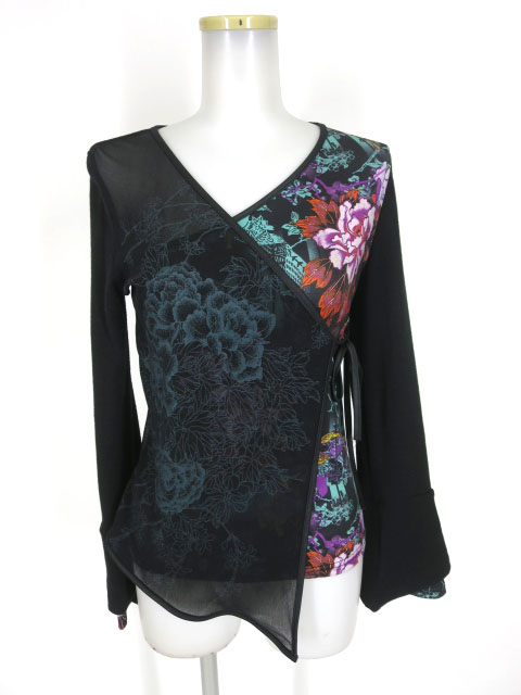 OZZ ONESTE メッシュ重ね和柄カシュクール風ニットプルオーバー