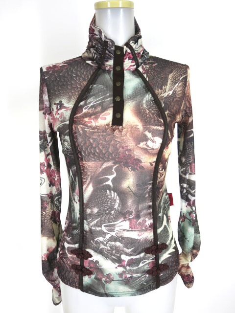 Ozz Croce 龍和柄メッシュチュールハイネック長袖カットソー