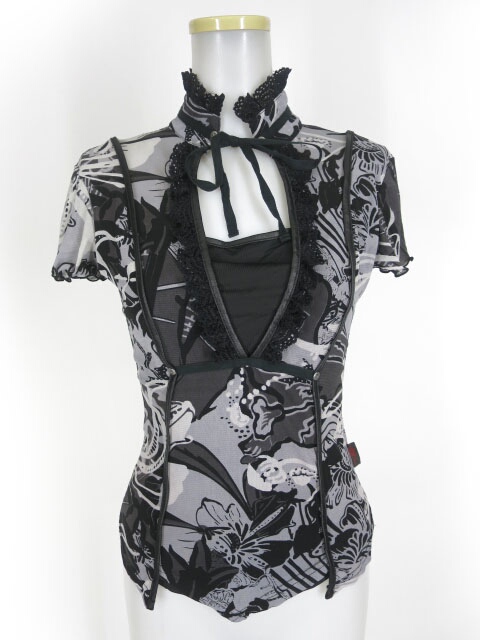 Ozz On 和柄メッシュチュール半袖カットソー