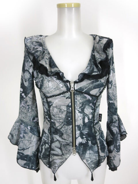 OZZ ANGELO 天使バタフライ総柄メッシュチュールジップカーディガン