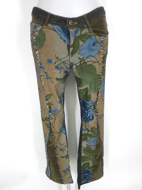 Ozz On 花柄デニム＆コーデュロイ切替ブーツカットパンツ