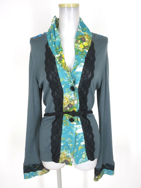 gouk雅 レース付き和柄切替ニットカーディガン