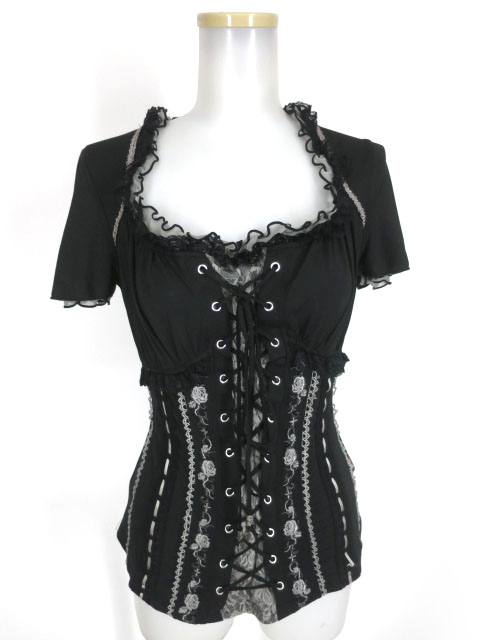 OZZ ONESTE ローズ刺繍入り編み上げ付き半袖カットソー