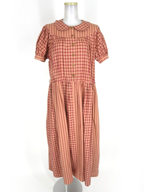 STREET ORGAN チェック&ストライプ柄切替パフスリーブワンピース